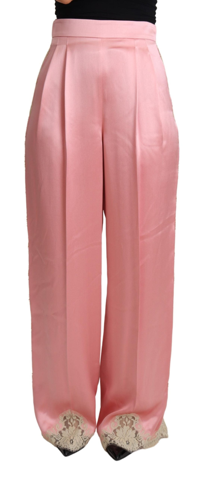 Dolce & Gabbana Pink Lace Trimmed Silk Satin Wide Legs Trousers