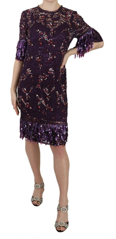 Dolce & Gabbana Purple Floral Lace Crystal Embedded Women's Dress