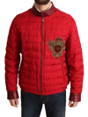 Dolce & Gabbana Red Brocade Bomber Gold Crown Logo Coat Jacket In Red