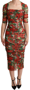 Dolce & Gabbana Red Floral Print Tulle Sheath Midi Dress In Red