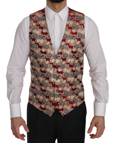 Dolce & Gabbana Red Gold Jacquard Slim Fit Vest