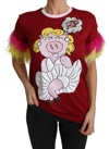 DOLCE & GABBANA DOLCE & GABBANA RED PIG PRINT FEATHER SLEEVES T-SHIRT WOMEN'S TOP