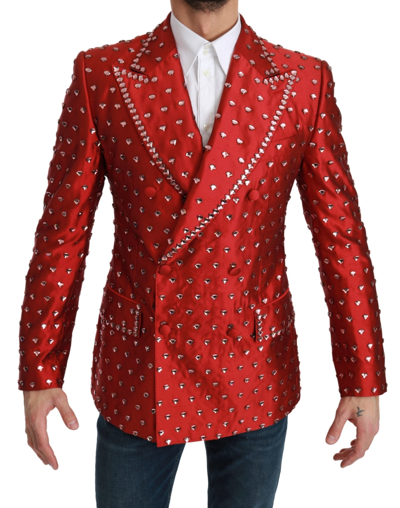 Dolce & Gabbana Red Silk Crystal Jacket Coat Blazer