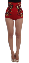 Dolce & Gabbana Red Silk Crystal Roses Shorts In Red