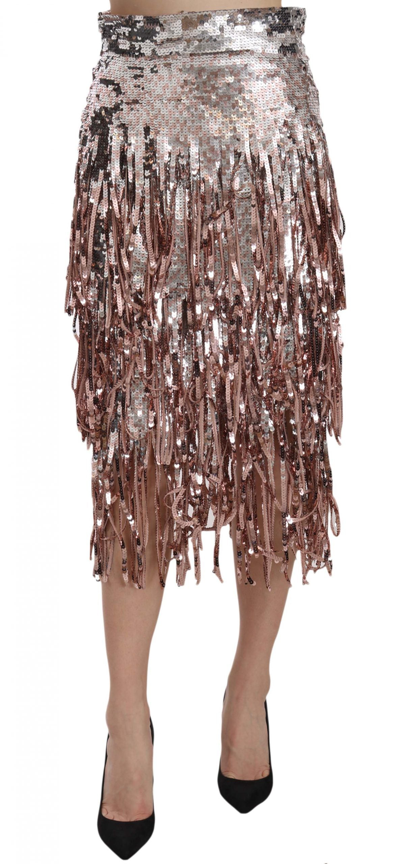 Dolce & Gabbana Sequin Embellished Fringe Midi Pencil Skirt In Silver