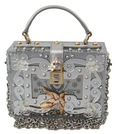 Dolce & Gabbana Silver Floral Padlock Sling Clutch Crystal Box Bag