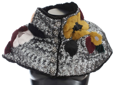 Dolce & Gabbana Silver Sequined Floral Weasel Fur Shoulder Scarf Women's Wrap In Gray