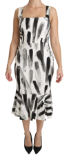 Dolce & Gabbana White Black Printed Sheath Midi Viscose Dress In White