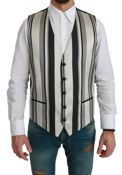 Dolce & Gabbana White Black Stripes Waistcoat Formal Waistcoat
