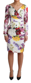 Dolce & Gabbana White Floral Print Silk Long Sleeve Dress In White