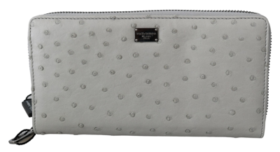 Dolce & Gabbana White Ostrich Leather Continental Mens Clutch Wallet In Grey