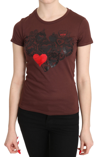 EXTE EXTE BROWN HEARTS PRINTED ROUND NECK T-SHIRT WOMEN'S TOP
