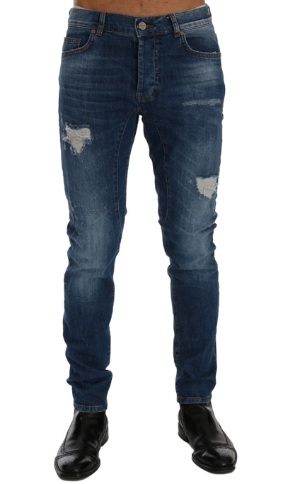 Frankie Morello Wash Torn Dundee Slim Fit Jeans In Blue