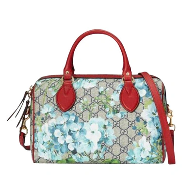Gucci Blue Blooms Gg Coated Canvas Small Boston Bag 409529 8492 In Beige / Blue