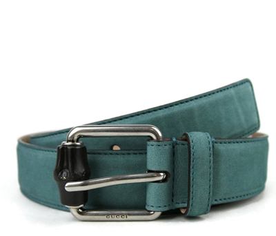 Gucci Men's Leather Suede Bamboo Buckle Belt 336827 In Teal Suede