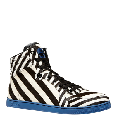 Gucci Men's Multi-color Zebra Print Calf Hair High Top Sneaker In Black / White / Blue