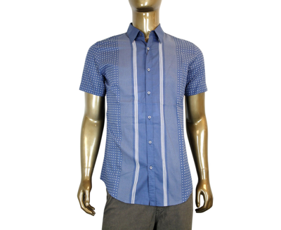 Gucci Men's Skinny Stripes Dots Blue Cotton Short Sleeve Shirt