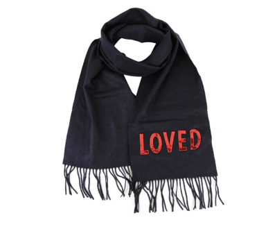 Gucci Women's Black Silk / Cashmere Long Scarf With Red Sequin "loved"