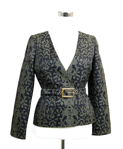 Gucci Womens Green Black Cotton Silk Acrylic Print Belt Runway Blazer Jacket 319227