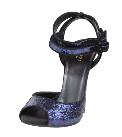 Gucci Womens Sparkling Glitter Suede Open Toe Strap Heel Sandals 353774 In Blue