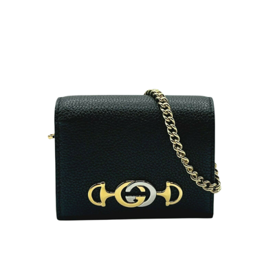 Gucci Zumi Women's Black Leather Gold Chain Bi-fold Mini Wallet Gg Logo In Grey