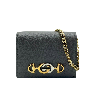 Gucci Zumi Women's Grey Leather Gold Chain Bi-fold Mini Wallet Gg Logo