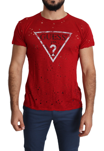 GUESS GUESS RED COTTON LOGO PRINT MEN CASUAL TOP PERFORATED MEN'S T-SHIRT