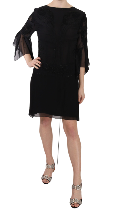 John Richmond Black Sequined Silk Mini Shift Gown