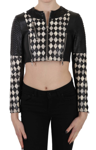 John Richmond Black White Leather Short Cropped Biker Jacket Coat In Black/white