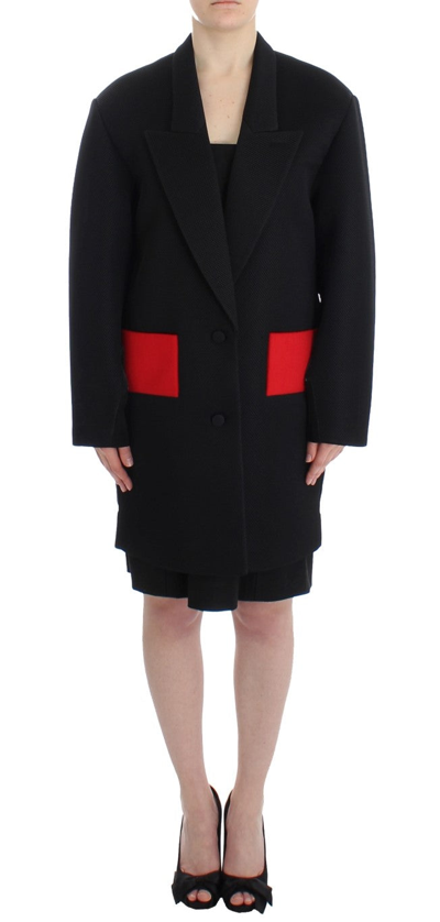 KAALE SUKTAE KAALE SUKTAE ELEGANT DRAPED LONG COAT IN BLACK WITH RED WOMEN'S ACCENTS