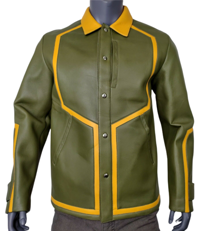 Mcm Men's Winter Moss Green Leather Stripes Bomber Jacket