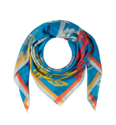 Mcm Multicolor Logo Print Silk Wool Large Scarf Shawl Mef9smm09he001 In Blue