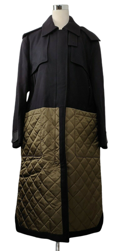 Mcm Women's Black Wool/ Olive Green Quilted Nylon Long Coat W/hood (it 44)