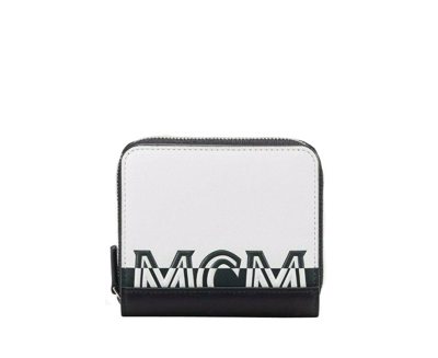 Mcm Women's White Black Contrast Logo Small Zip Wallet In White / Black