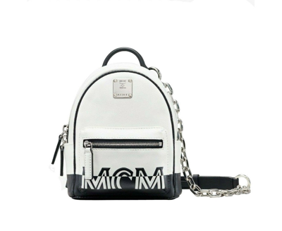 Mcm Women's White Contrast Logo Leather Mini Crossbody Chain Bag