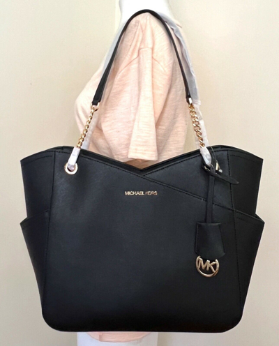 Michael kors jet set travel chain shoulder tote bag black saffiano leather