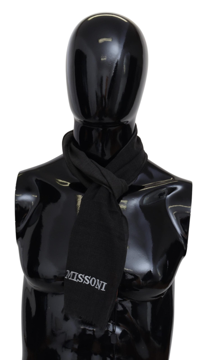 Missoni Grey Wool Unisex Neck Wrap Shawl Fringes Logo Scarf In Black