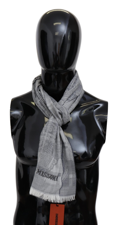 MISSONI MISSONI CHIC UNISEX GRAY WOOL SCARF WITH LOGO MEN'S EMBROIDERY