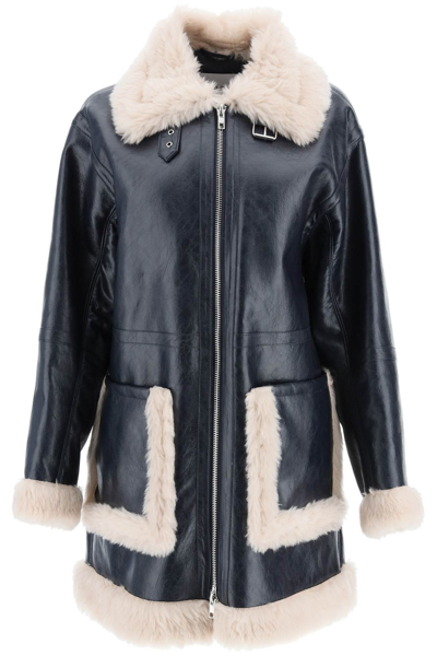 Stand Studio Haley Shearling-trimmed Faux-leather Coat In Blue