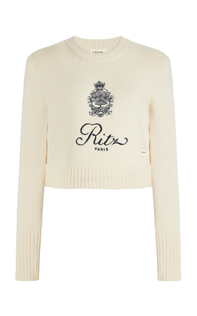 Frame + Ritz Paris Cropped Embroidered Cashmere Sweater In Off White