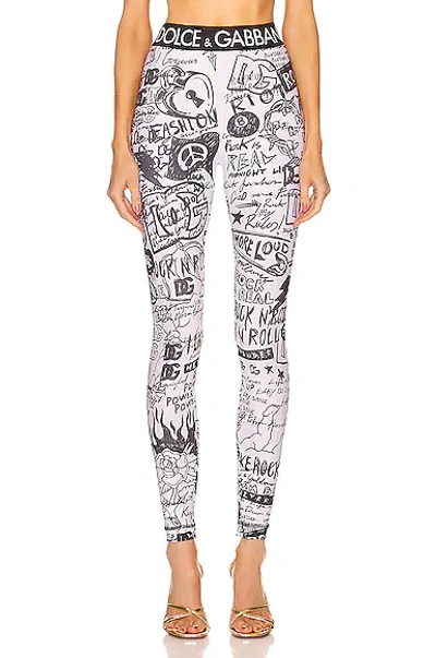 Dolce & Gabbana Graffiti Leggings With Logo Band In White,black