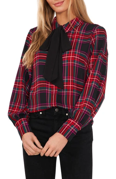 Cece Plaid Pussy Bow Blouse In Rich Black