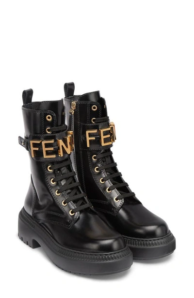 Fendi Logo Leather Lug-sole Combat Boots In Nero