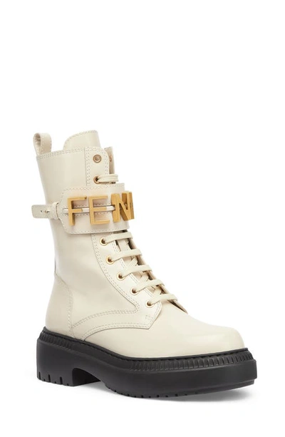 Fendi Logo Leather Lug-sole Combat Boots In Bianco