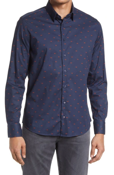 Stone Rose Tiger Print Trim Fit Stretch Cotton Button-up Shirt In Navy