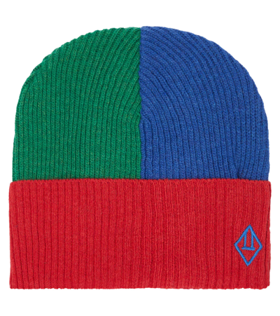 The Animals Observatory Kids' Colour-block Ribbed-knit Beanie In Red Logo