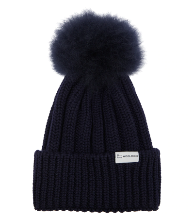 Woolrich Logo-patch Pompom Beanie In Blue