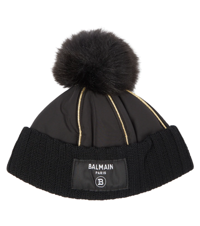 Balmain Kids Pom-pom Beanie Hat In Nero/oro