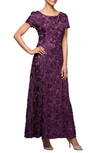 Alex Evenings Short Sleeve Lace Gown In Eggplant