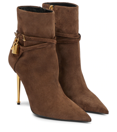 Tom Ford Padlock Suede Ankle Boots In Chestnut